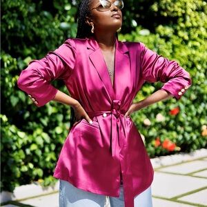 🌺The Drop Fuchsia Satin Belted Blazer